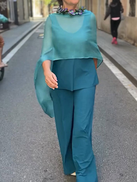 Women's Round Neck Sleeveless Solid Color Casual Vest Elastic Waist Casual Wide Leg Pants Chiffon Blouse Set