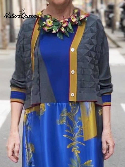 Women's V-neck Long Sleeve Contrast Color Stitching Casual Loose Cardigan Sweater