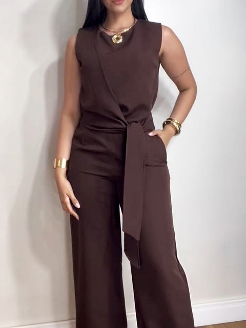 Women's Round Neck Sleeveless Solid Color Lace-Up Vest Top High-Waisted Casual Linen Wide-Leg Pants Set