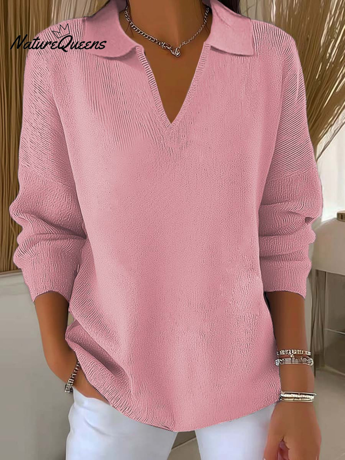 Women's Lapel Long Sleeve Solid Color Casual Sweater