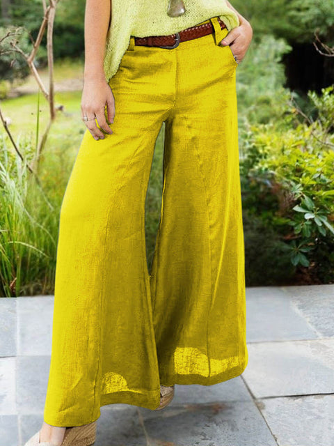 Women's High-Waisted Solid Color Casual Cotton and Linen Wide-Leg Pants