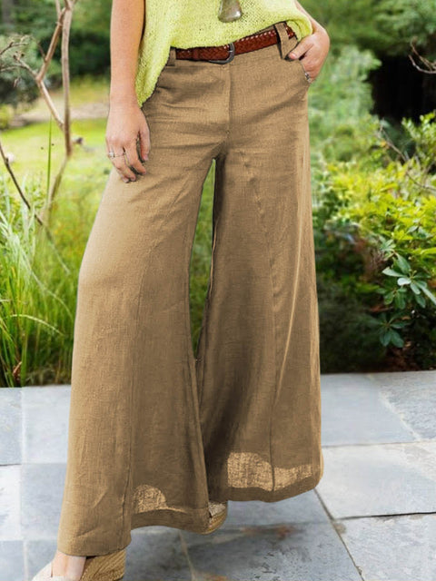 Women's High-Waisted Solid Color Casual Cotton and Linen Wide-Leg Pants