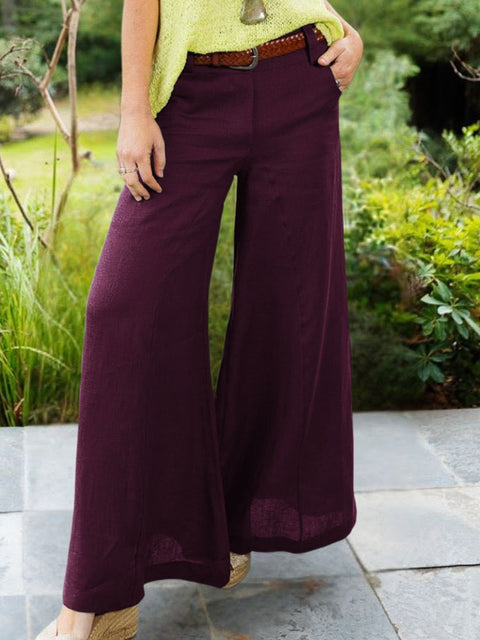 Women's High-Waisted Solid Color Casual Cotton and Linen Wide-Leg Pants