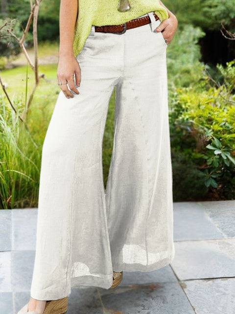Women's High-Waisted Solid Color Casual Cotton and Linen Wide-Leg Pants