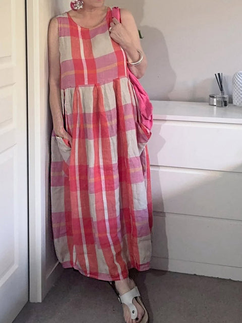 Women's Round Neck Sleeveless Plaid Print Casual Cotton and Linen Dress