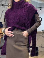 Women's Solid Color Turtleneck Short Sleeve Casual Lace-Up Sweater