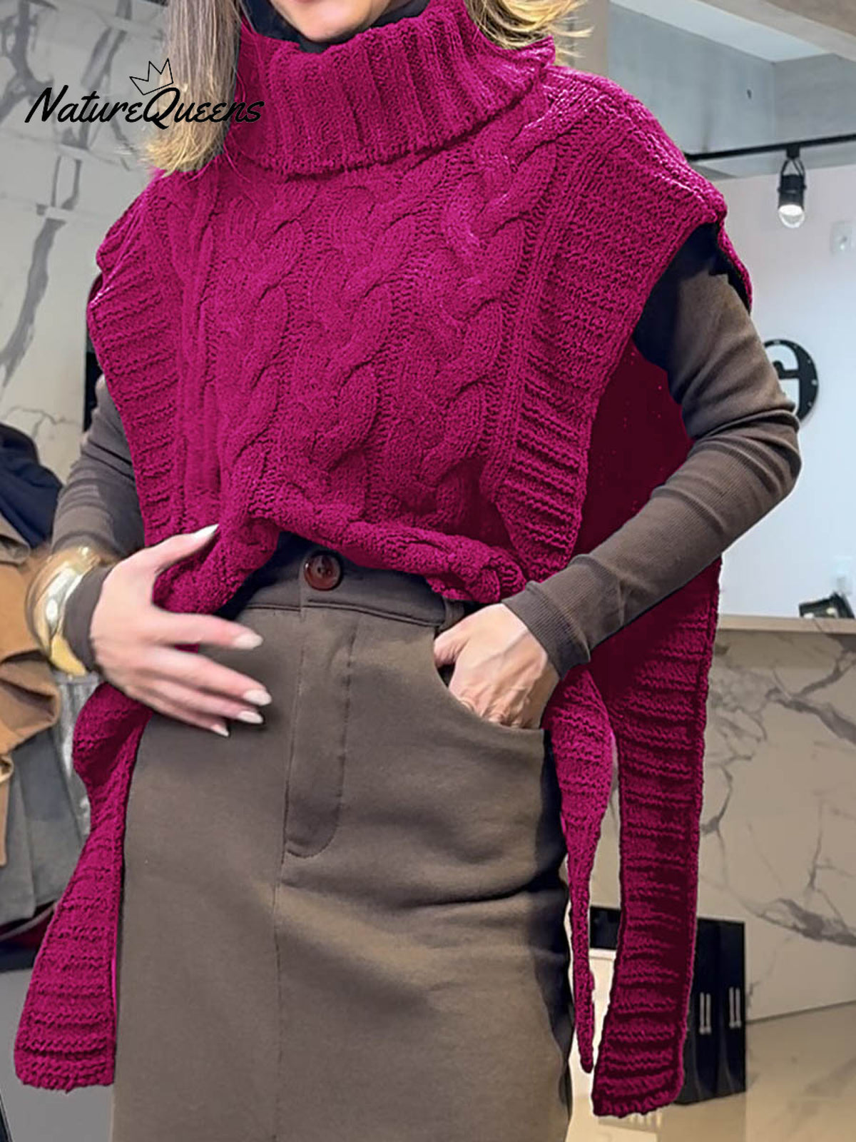 Women's Solid Color Turtleneck Short Sleeve Casual Lace-Up Sweater