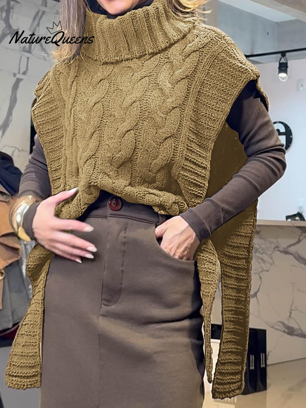 Women's Solid Color Turtleneck Short Sleeve Casual Lace-Up Sweater