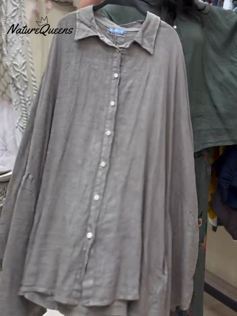 Women's Lapel Batwing Sleeve Casual Loose Cotton Shirt