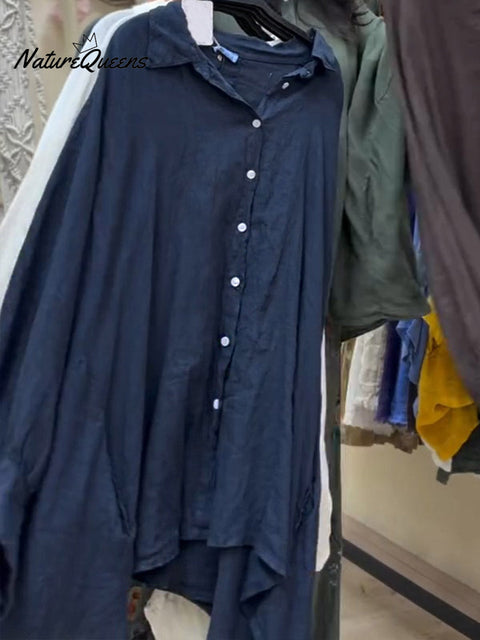 Women's Lapel Batwing Sleeve Casual Loose Cotton Shirt