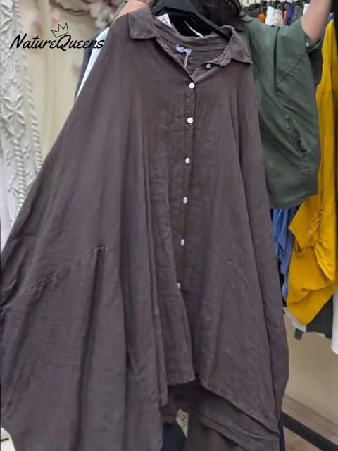 Women's Lapel Batwing Sleeve Casual Loose Cotton Shirt