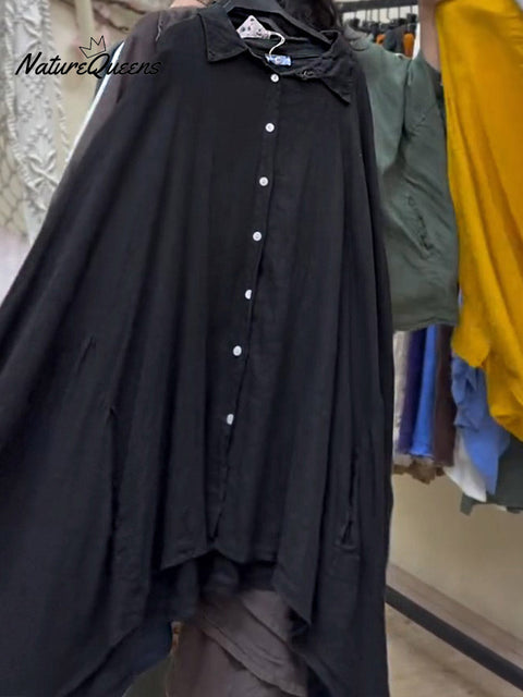 Women's Lapel Batwing Sleeve Casual Loose Cotton Shirt