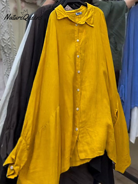 Women's Lapel Batwing Sleeve Casual Loose Cotton Shirt
