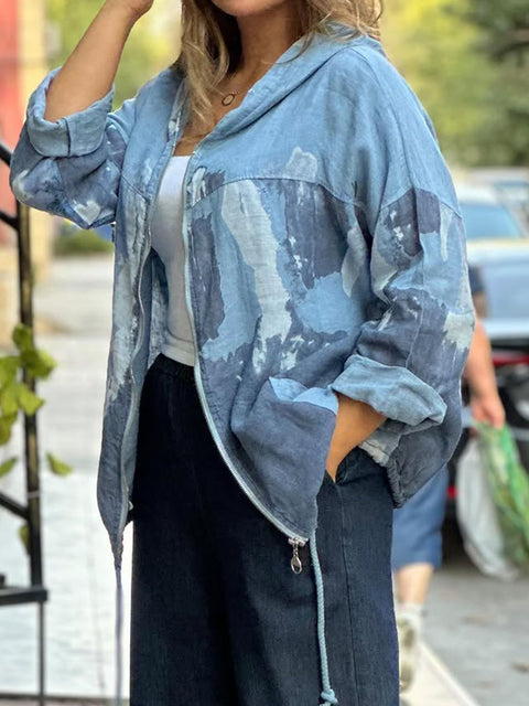 Women's Long Sleeve Retro Printed Casual Cotton and Linen Zipper Hooded Cardigan Top