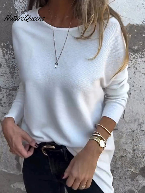 Women's Solid Color Round Neck Long Sleeve Casual Knit Top