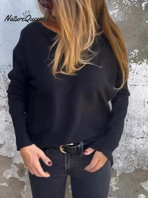 Women's Solid Color Round Neck Long Sleeve Casual Knit Top