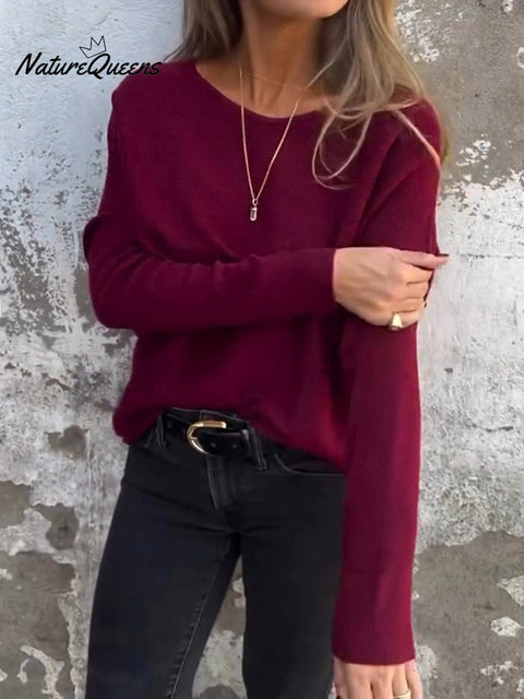 Women's Solid Color Round Neck Long Sleeve Casual Knit Top