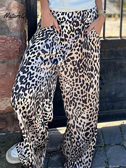 Women's High Waist Leopard Print Casual Loose Satin Wide Leg Pants