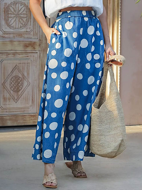 Women's Polka Dot Print Elastic Waist Casual Cotton and Linen Wide-Leg Pants