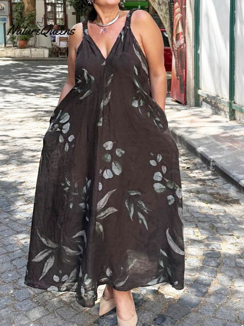 Women's Retro Floral Print V-Neck Sleeveless Casual Cotton and Linen Slip Dress