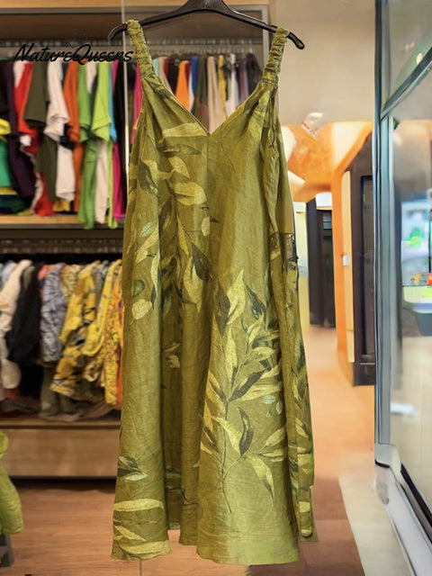 Women's Retro Floral Print V-Neck Sleeveless Casual Cotton and Linen Slip Dress