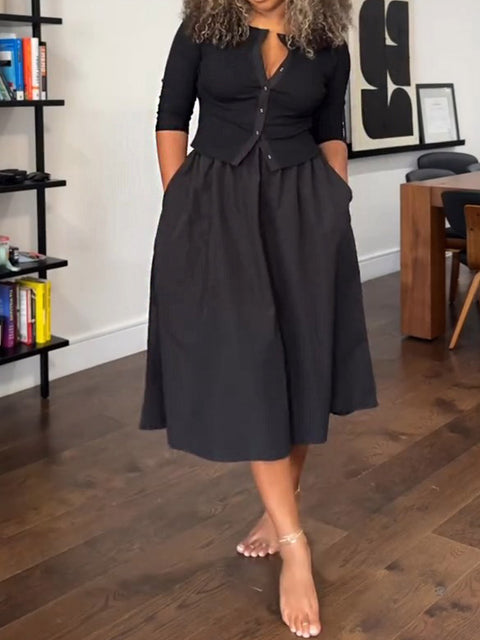 Women's Solid Color Round Neck 3/4 Sleeve Slim Fit Cardigan Top with Elastic Waist and Cotton A-Line Skirt Set