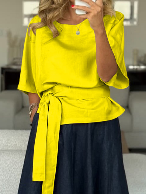 Women's Solid Color Round Neck Half Sleeve Tie-Up Casual Cotton and Linen Top
