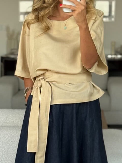 Women's Solid Color Round Neck Half Sleeve Tie-Up Casual Cotton and Linen Top