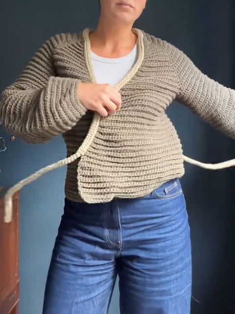 Women's Solid Color V-Neck Long Sleeve Casual Wrap Tie Sweater