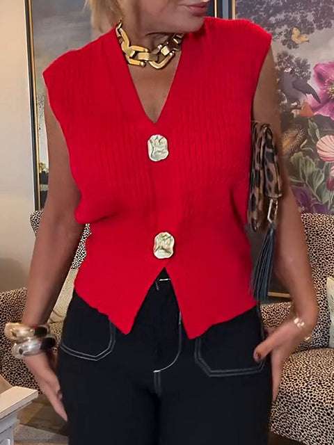 Women's Solid Color V-Neck Sleeveless Casual Loose Cardigan Sweater