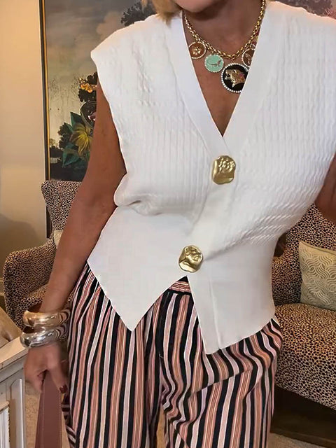 Women's Solid Color V-Neck Sleeveless Casual Loose Cardigan Sweater
