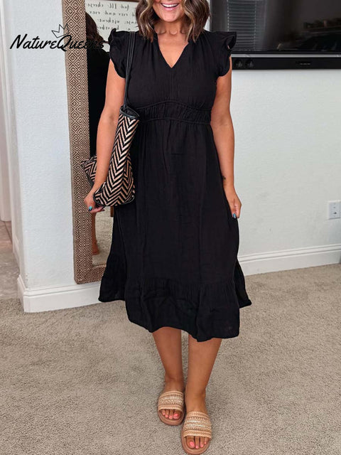 Women's Solid Color V-Neck Flying Sleeve Elastic Waist A-Line Dress