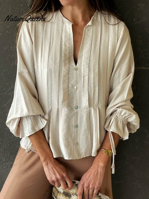 Women's Solid Color V-Neck Long Sleeve Casual Loose Cotton and Linen Top