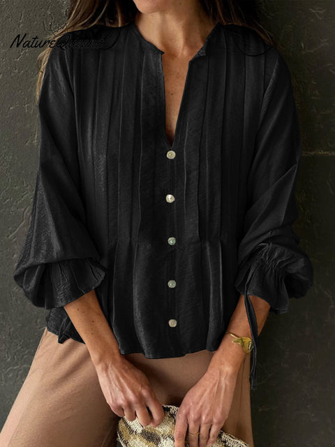 Women's Solid Color V-Neck Long Sleeve Casual Loose Cotton and Linen Top