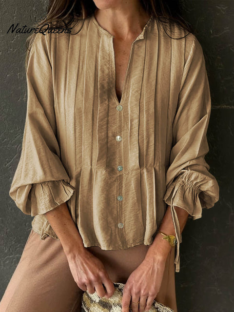 Women's Solid Color V-Neck Long Sleeve Casual Loose Cotton and Linen Top