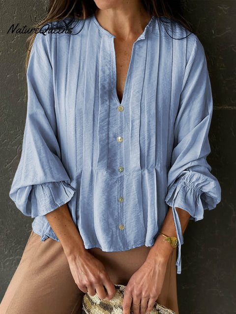 Women's Solid Color V-Neck Long Sleeve Casual Loose Cotton and Linen Top