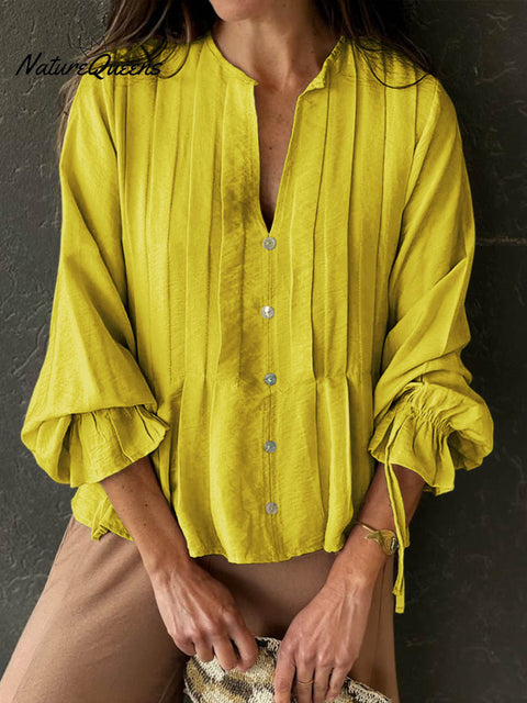 Women's Solid Color V-Neck Long Sleeve Casual Loose Cotton and Linen Top