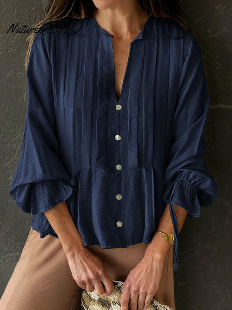 Women's Solid Color V-Neck Long Sleeve Casual Loose Cotton and Linen Top