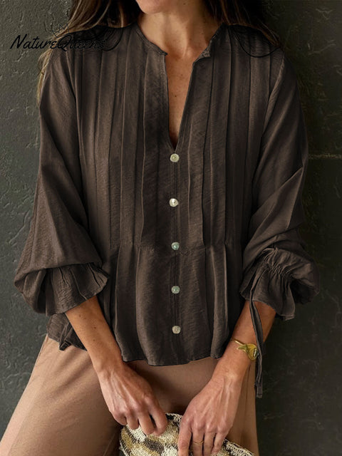 Women's Solid Color V-Neck Long Sleeve Casual Loose Cotton and Linen Top