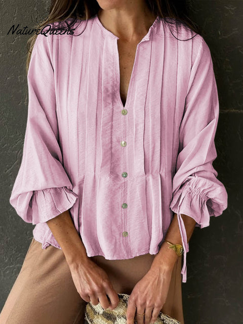 Women's Solid Color V-Neck Long Sleeve Casual Loose Cotton and Linen Top