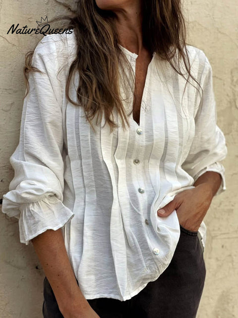 Women's Solid Color V-Neck Long Sleeve Casual Loose Cotton and Linen Top