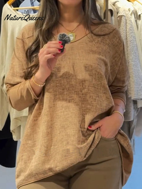 Women's Solid Color V-Neck Long Sleeve Casual Loose Cotton and Linen Top