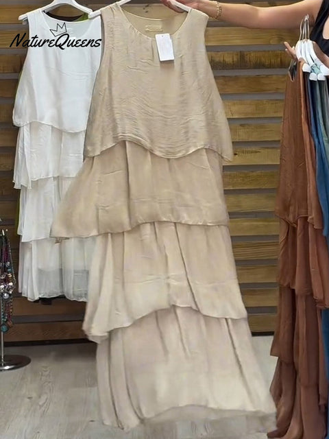 Women's Solid Color Round Neck Sleeveless Vest Casual Loose Chiffon Cake Dress