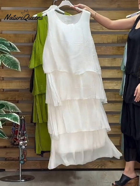 Women's Solid Color Round Neck Sleeveless Vest Casual Loose Chiffon Cake Dress
