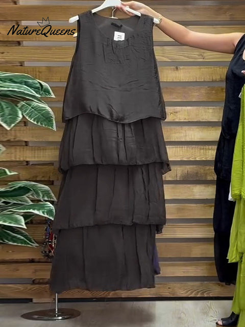 Women's Solid Color Round Neck Sleeveless Vest Casual Loose Chiffon Cake Dress