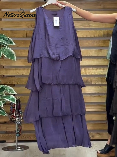 Women's Solid Color Round Neck Sleeveless Vest Casual Loose Chiffon Cake Dress
