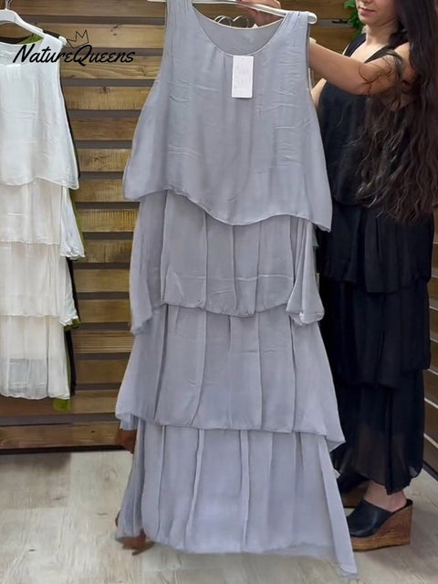 Women's Solid Color Round Neck Sleeveless Vest Casual Loose Chiffon Cake Dress