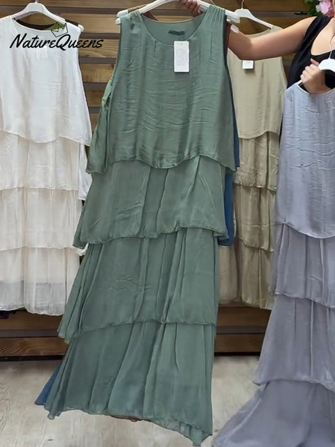 Women's Solid Color Round Neck Sleeveless Vest Casual Loose Chiffon Cake Dress