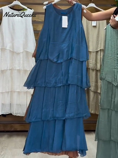 Women's Solid Color Round Neck Sleeveless Vest Casual Loose Chiffon Cake Dress