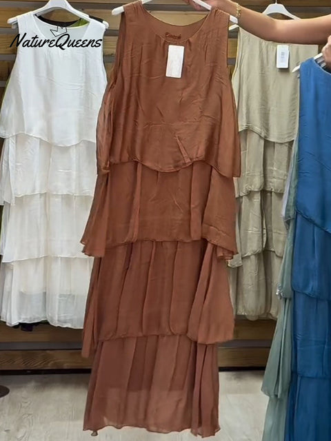 Women's Solid Color Round Neck Sleeveless Vest Casual Loose Chiffon Cake Dress